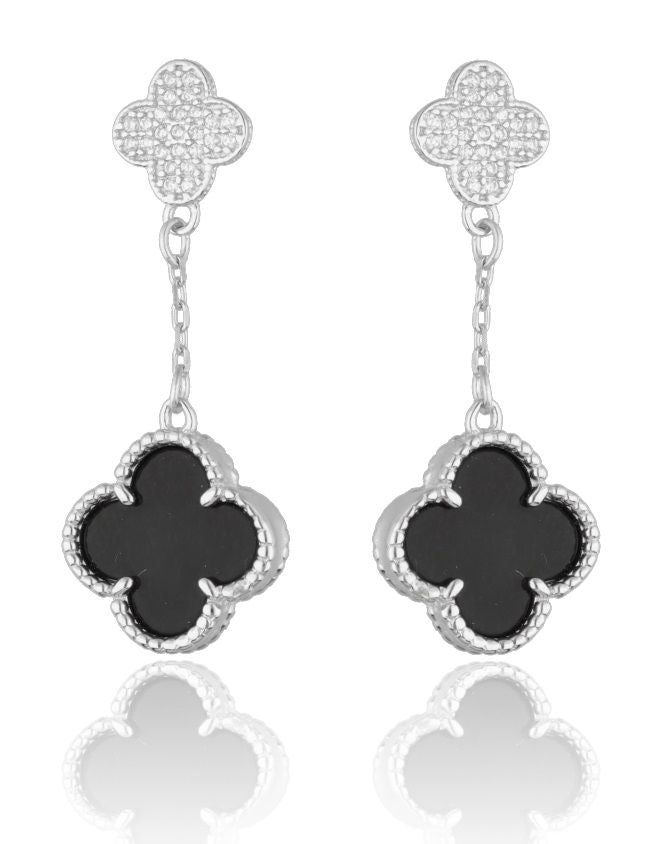 Silberohrringe Marokkanisches Kleeblatt mit Onyx und Kristallen