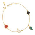 Silver Bracelet with Onyx Clover, Red Heart, Pearl Butterfly and Malachite Leaf | Gold Plated