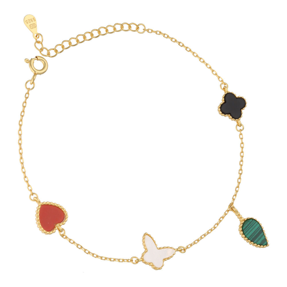 Silver Bracelet with Onyx Clover, Red Heart, Pearl Butterfly and Malachite Leaf | Gold Plated