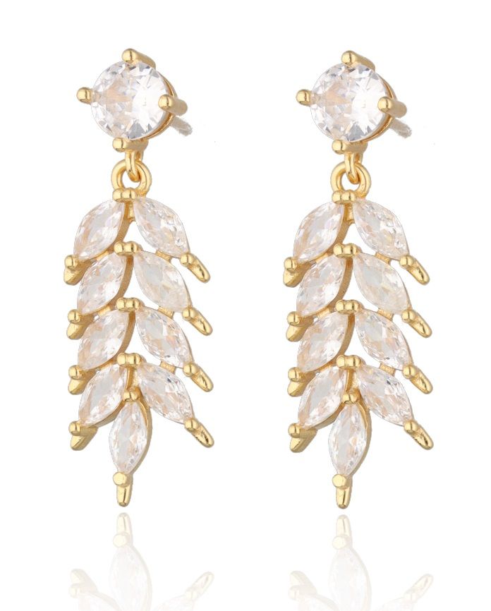 Silver Earrings with Leaf Motif and CZ Stones 28.8 mm | Gold Plated