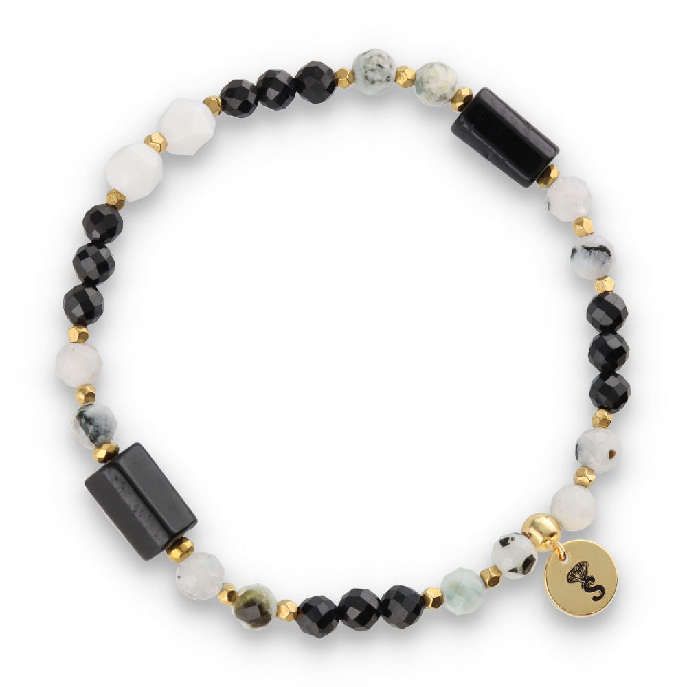 Silver Bracelet - 30% blue moon stone, black tourmaline, white stone, hematite