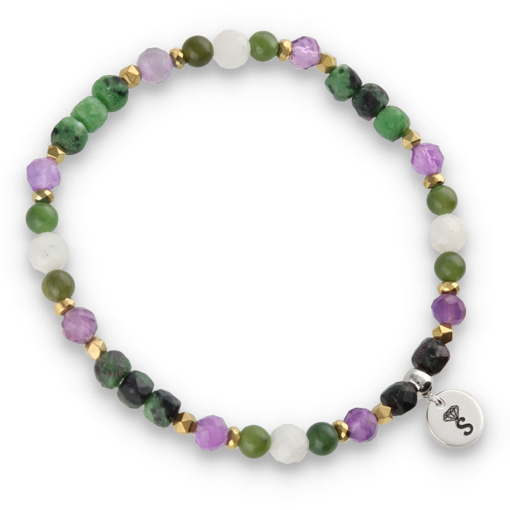 Silberarmband -30% Amethyst, Hämatit, grüner Jaspis, roter Smaragd, Mondstein