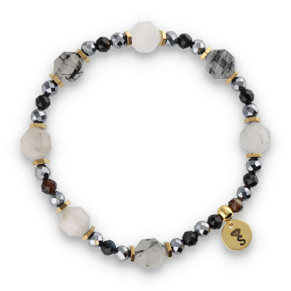 Silver Bracelet -30% black agate, terahertz, rutilated quartz, hematite