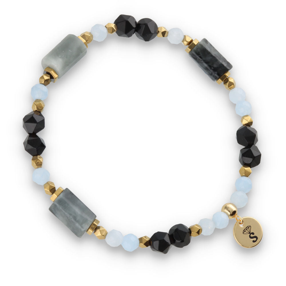 Silver Bracelet -30% agate, hematite, aquamarine, hawk's eye