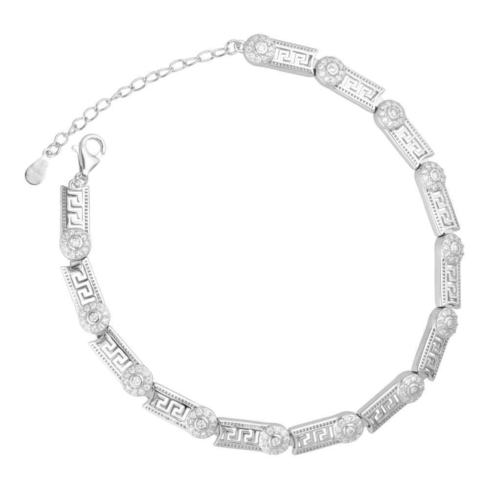 Silver Bracelet with Greek Pattern and White CZ Stones | Length 18+3cm