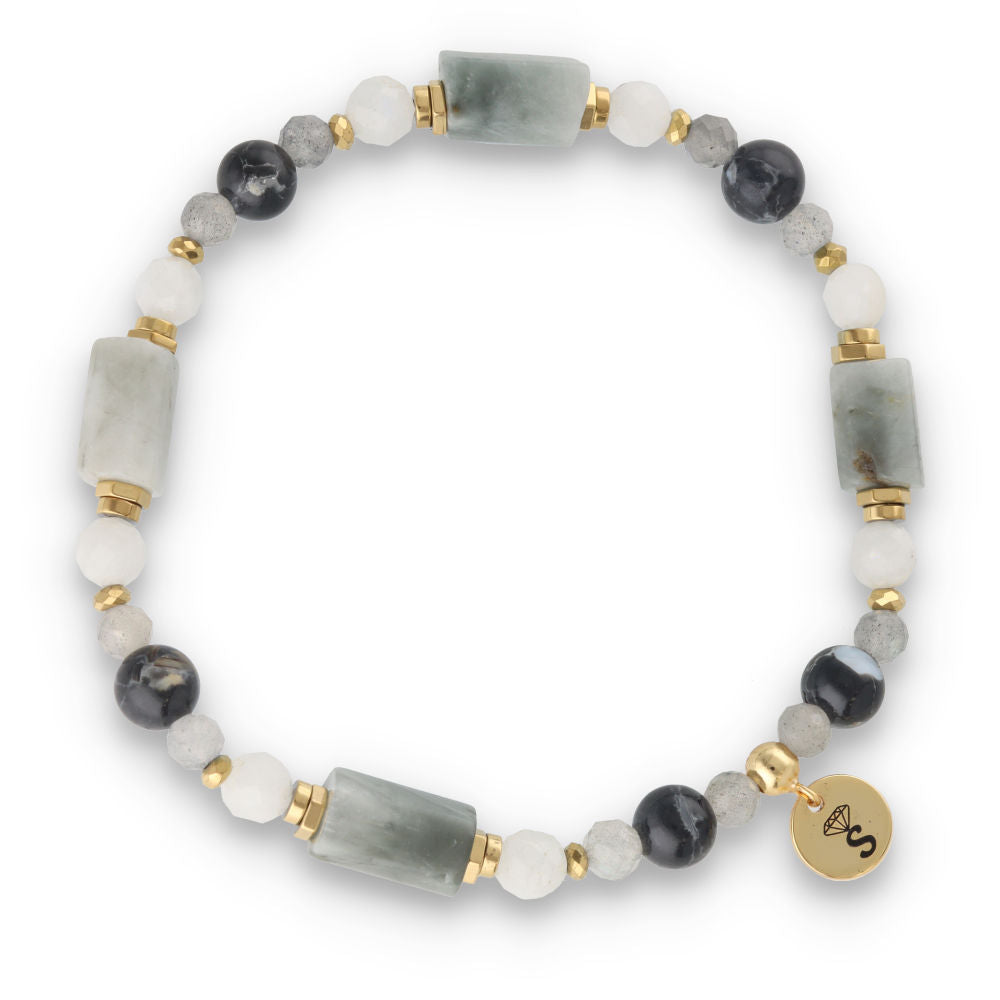 Silver Bracelet -30% shell, hematite, moonstone, eagle eye, labradorite