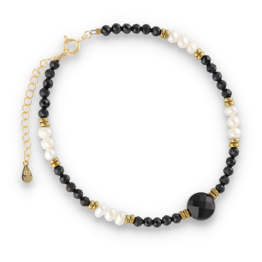 Silver Bracelet, SH00004-B Tourmaline, onyx, hematite, pearl