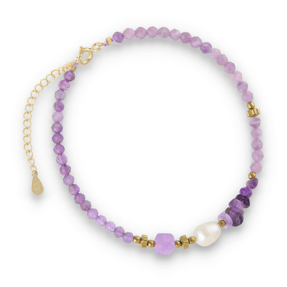 Silver Bracelet, SH00053-B amethyst, pearl, hematite
