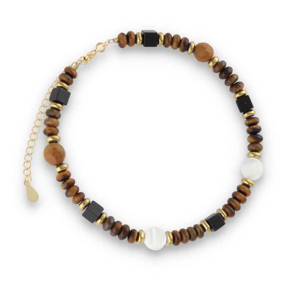 Silver Bracelet, SH00061-B2 tiger eye, shell, onyx