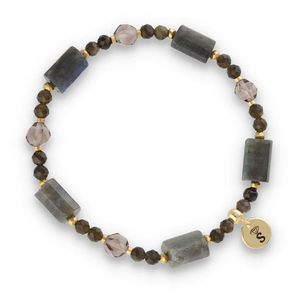 Silberarmband -30 % Labradorit, Quarz, Hämatit, Obsidian