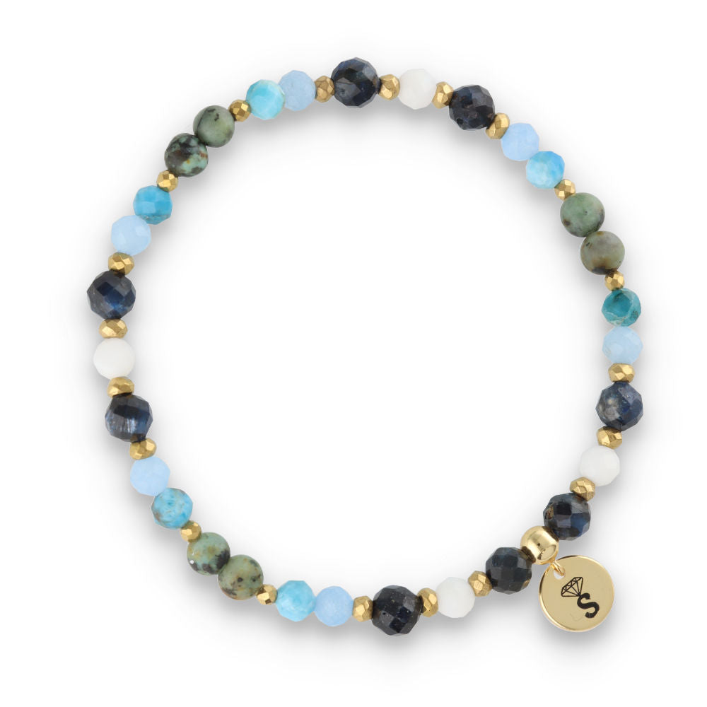 Silberarmband -30 % blauer Apatit, afrikanischer Türkis, Muschel, Kyanit, Hämatit