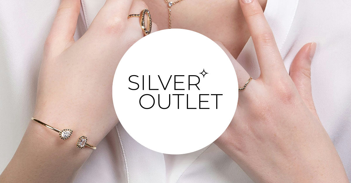 Hands wearing gold rings with 'Silver Outlet' logo overlay